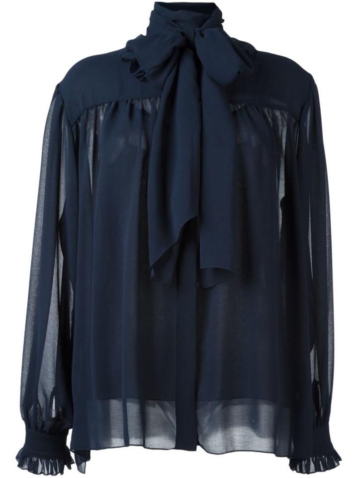 See By Chloé Ruffled Pussy Bow Shirt, Women's, Size: 34, Blue, Polyester