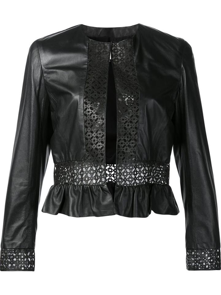 Carolina Herrera Laser-cut Leather Jacket, Women's, Size: 10, Black, Silk/leather/polyester