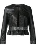 Carolina Herrera Laser-cut Leather Jacket, Women's, Size: 10, Black, Silk/leather/polyester
