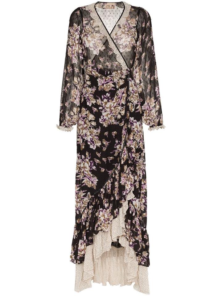 By Timo Floral Print Contrast Hem Wrap Dress - Black