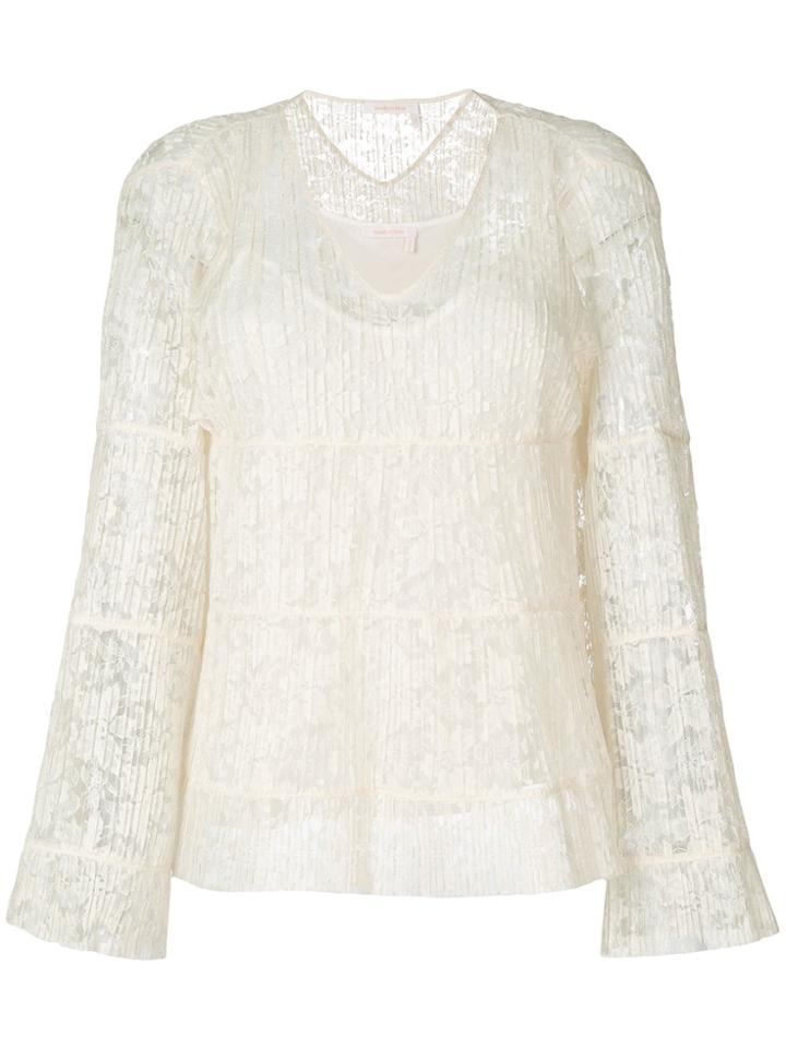 See By Chloé 'pleated Lace V-neck' Bell Sleeve Blouse - Nude &