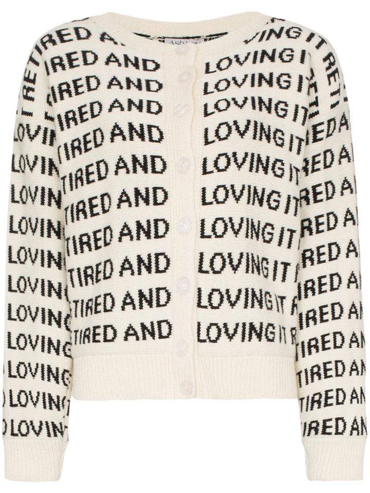 Ashley Williams Slogan Knitted Merino Wool Cardigan - White