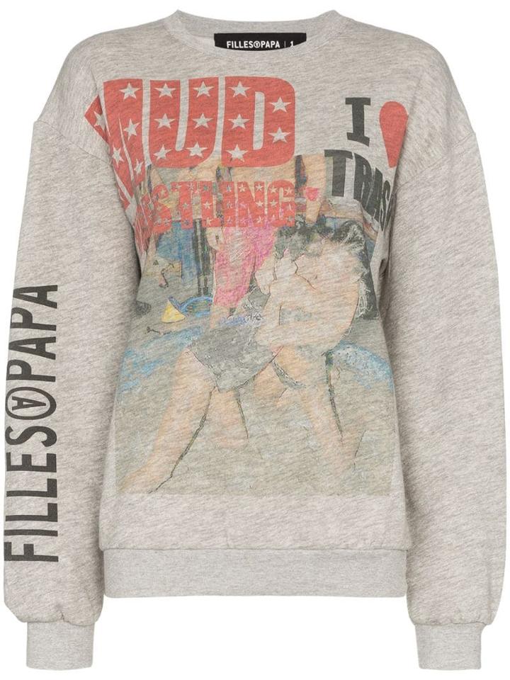 Filles A Papa Wrestling-print Sweatshirt - Grey