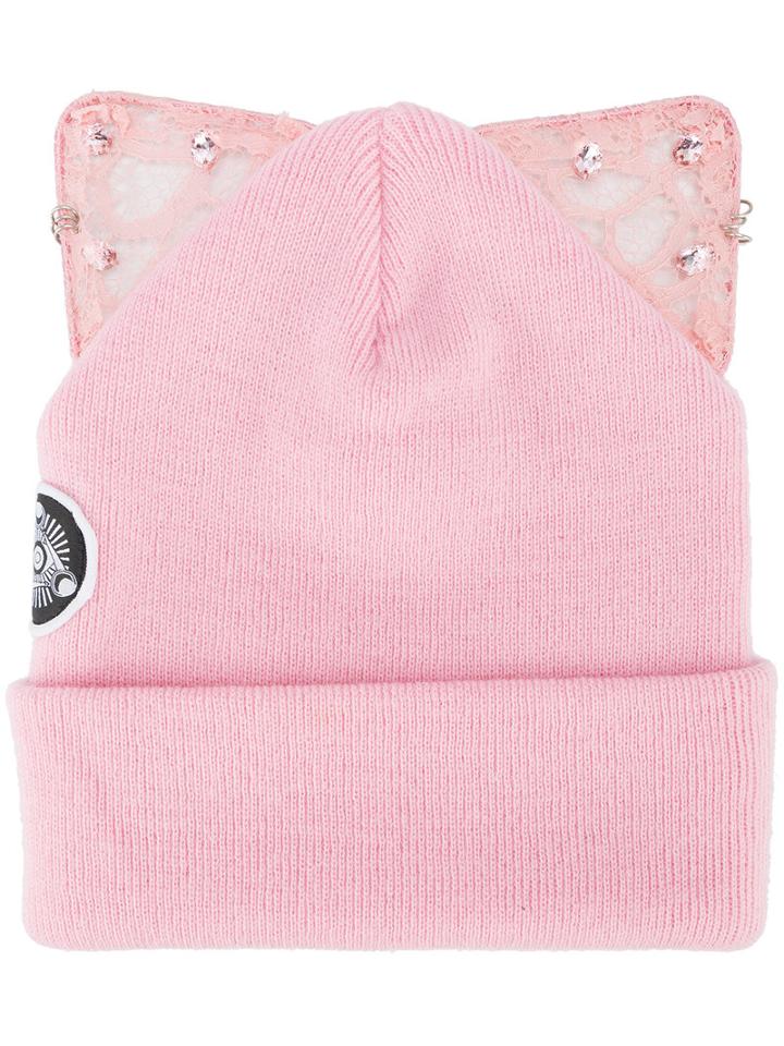 Silver Spoon Attire - Bad Kitty Embellished Beanie With Cat Ears - Women - Acrylic - One Size, Pink/purple, Acrylic