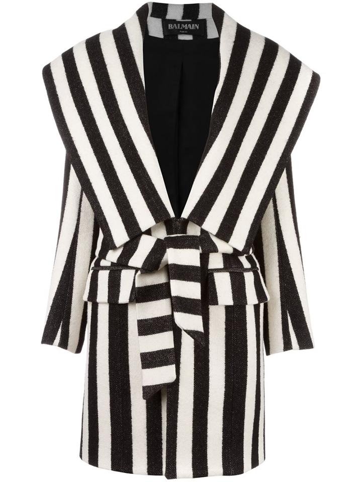Balmain Striped Coat, Women's, Size: 36, Black, Virgin Wool/cotton/viscose