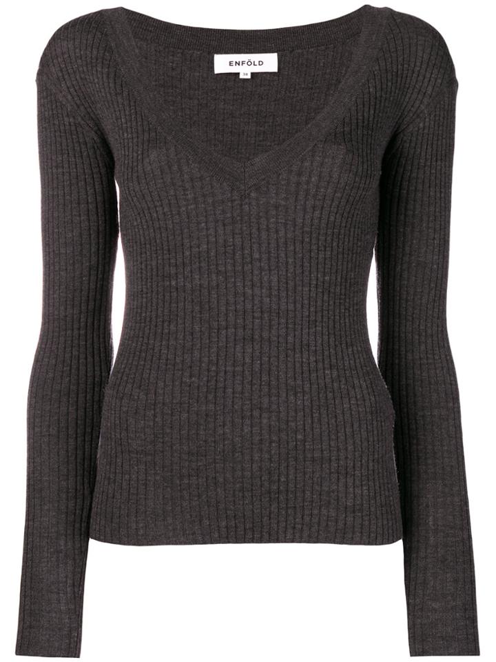 Enföld Ribbed V-neck Pullover - Grey