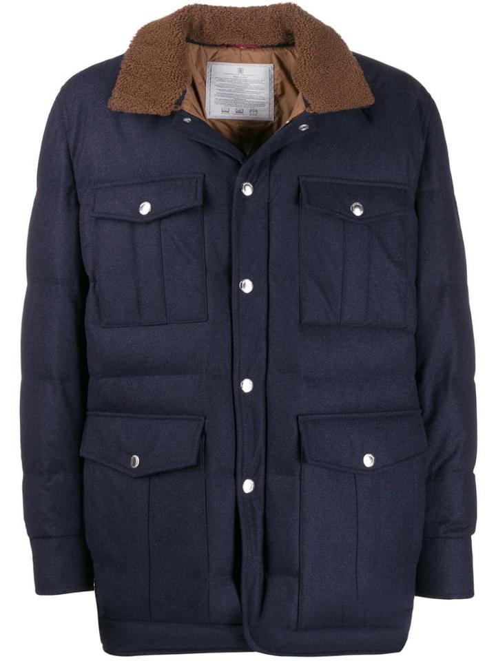 Brunello Cucinelli Shearling Collar Coat - Blue