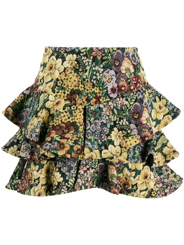 Wandering Flower Print Full Skirt - Yellow
