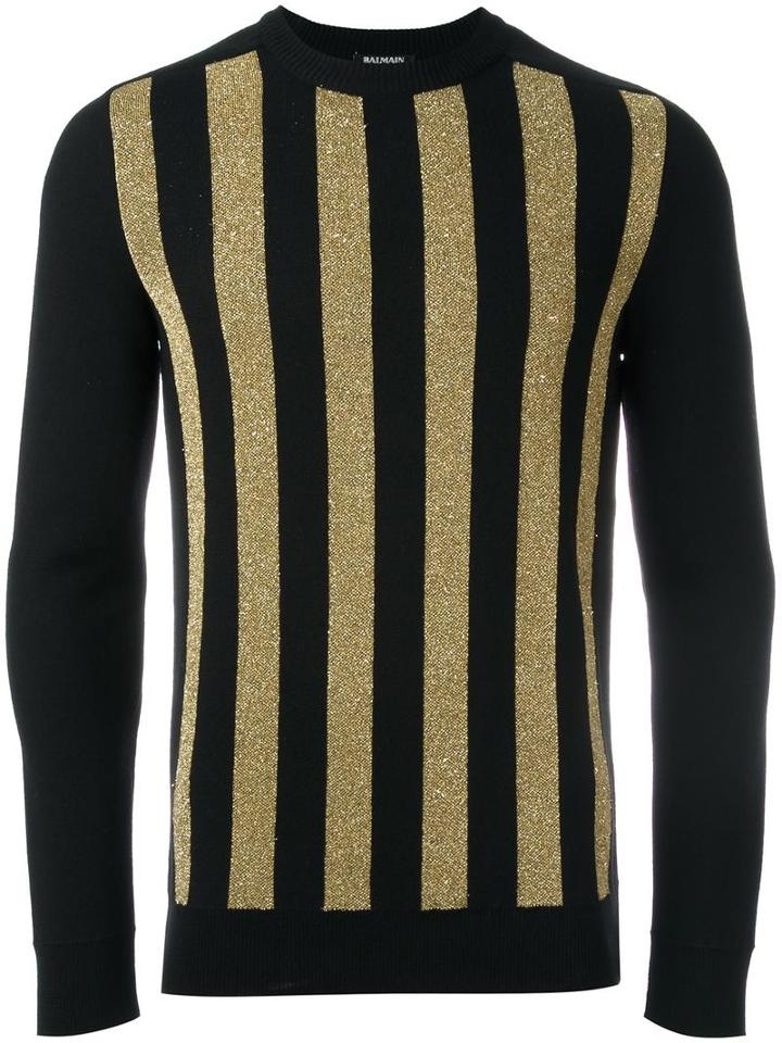 Balmain Glitter Detail Striped Pullover, Men's, Size: Large, Black, Merino/viscose/polyester/polyamide
