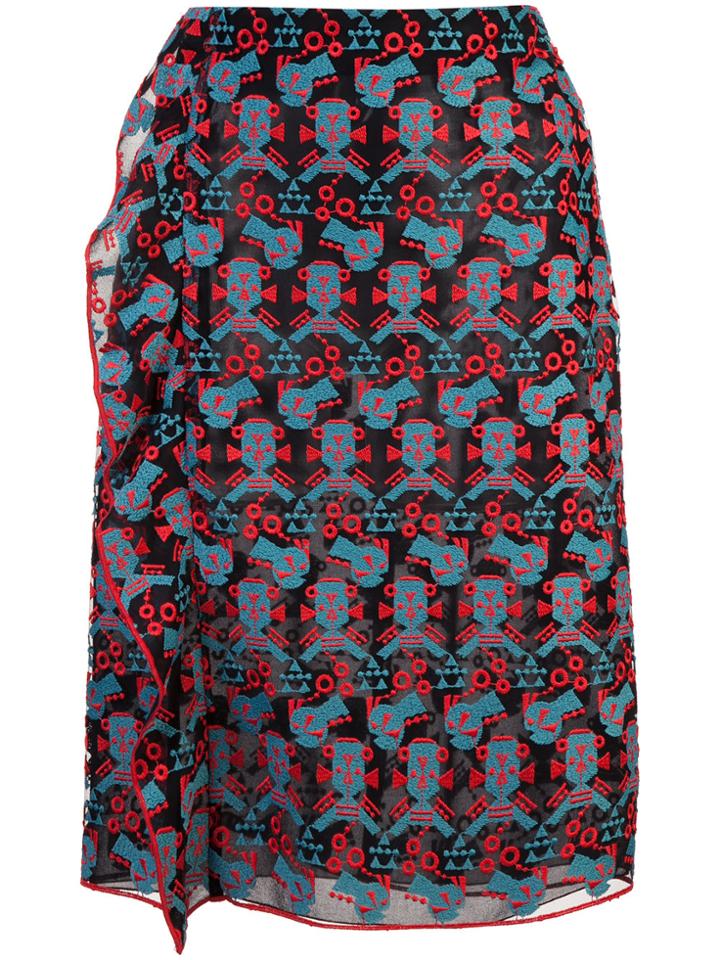 Emporio Armani Ruffled Embroidered Pencil Skirt - Blue