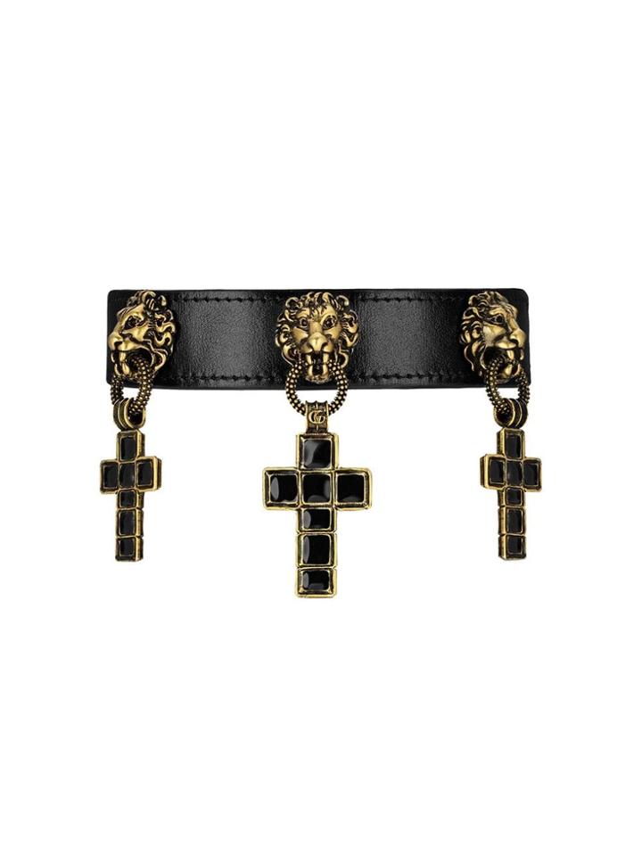 Gucci Leather Choker With Cross Pendants - Black