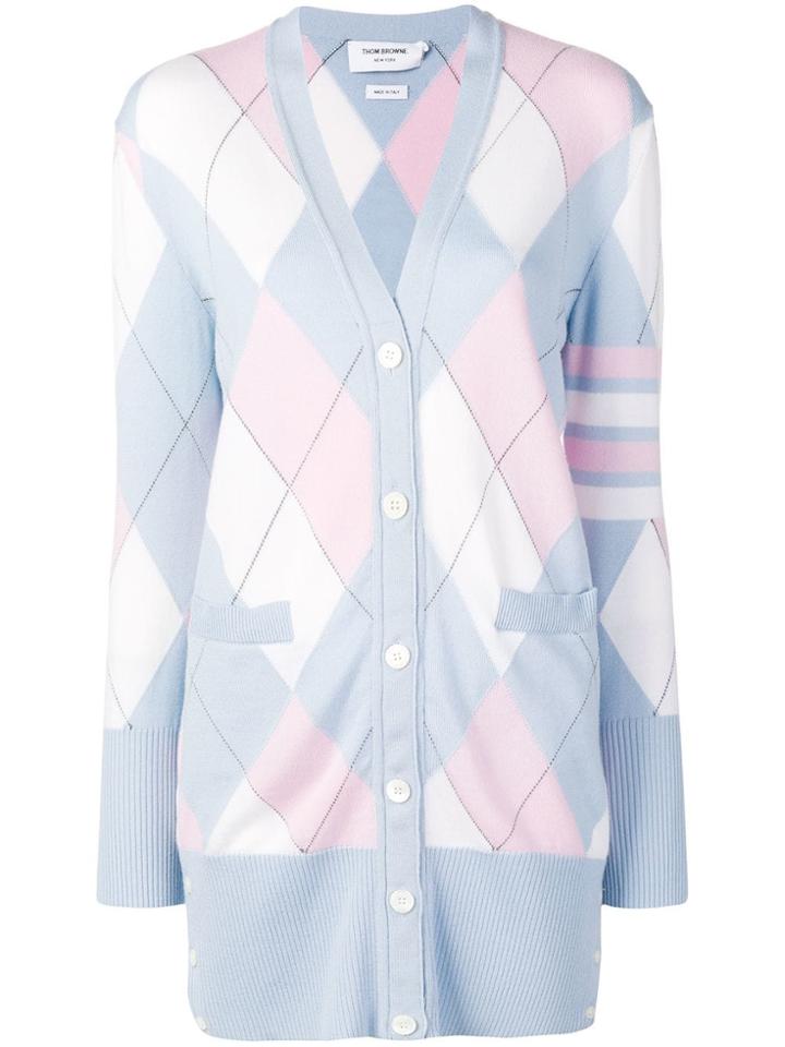 Thom Browne 4-bar Argyle Long V-neck Cardigan - Blue