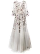 Marchesa Embroidered Floral Flared Gown - Grey