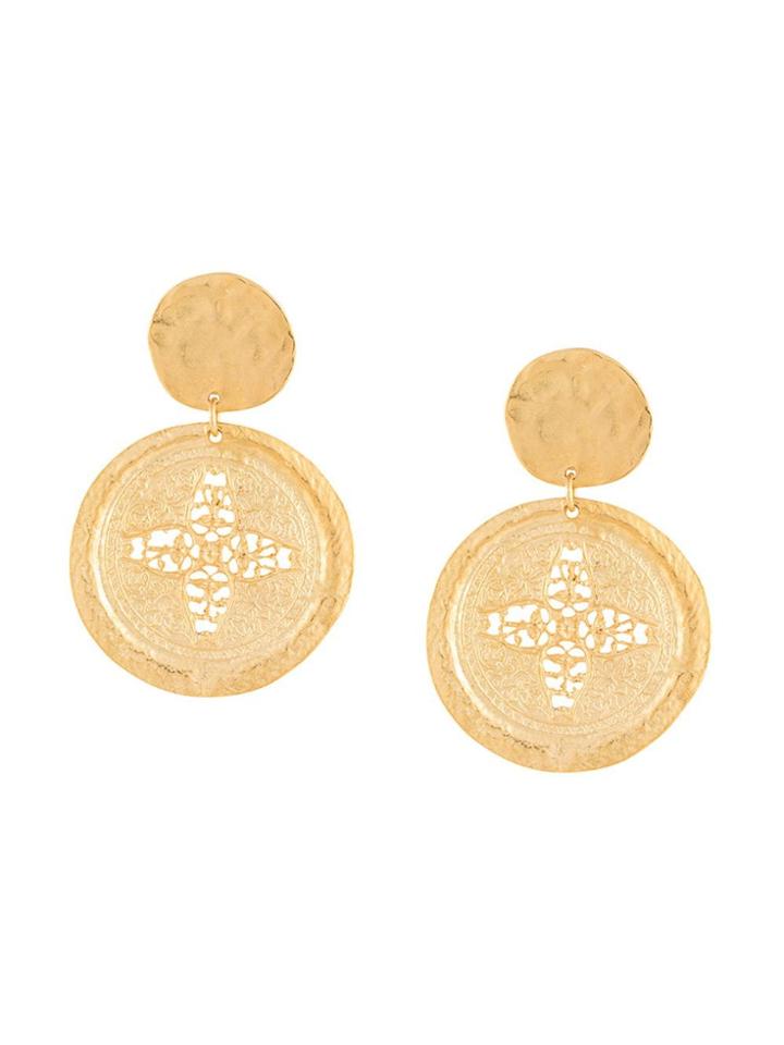 Kenneth Jay Lane Carved Coin Drop Earrings - Gold
