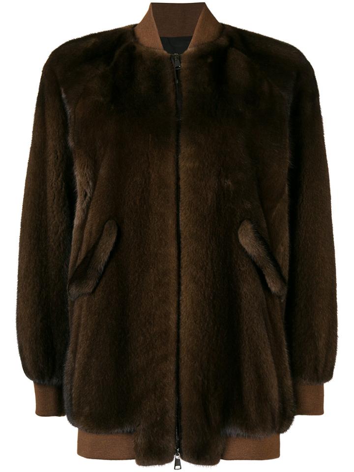 Blancha Zipped Fur Bomber Jacket - Brown