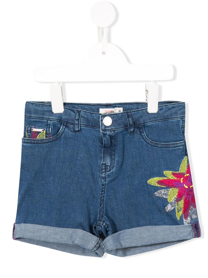 Junior Gaultier - Floral Embroidered Denim Shorts - Kids - Cotton/spandex/elastane - 6 Yrs, Blue