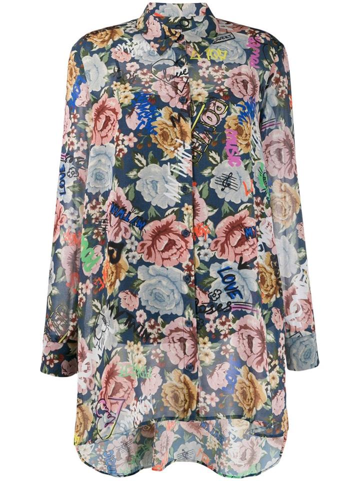 Twin-set Long Shirt With Floral And Graffiti Print - Blue