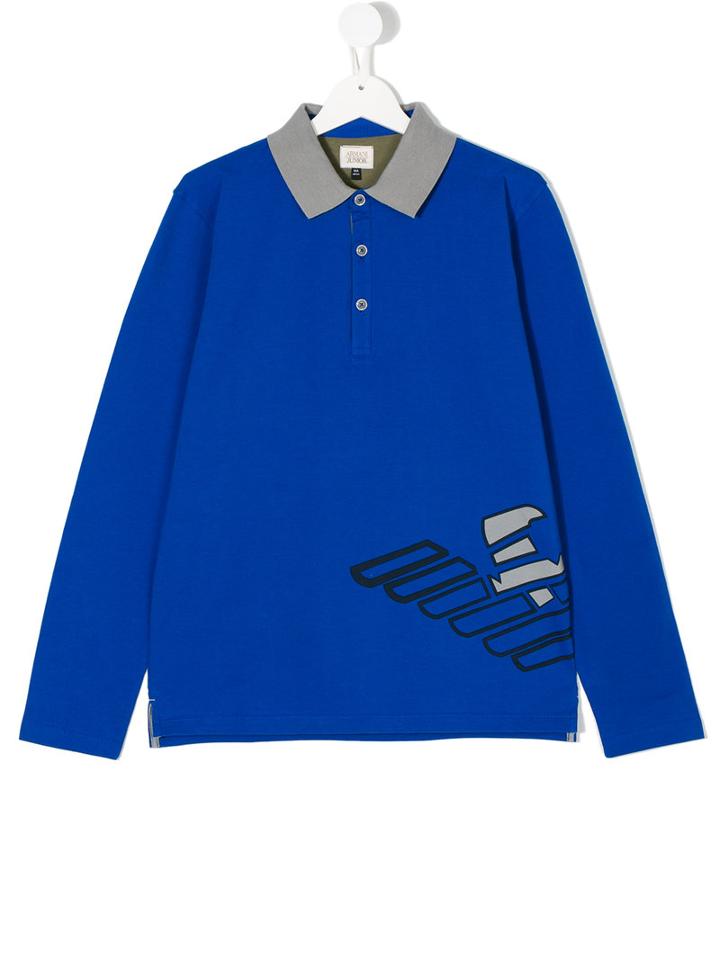 Armani Junior - Printed Long Sleeve Polo Shirt - Kids - Cotton/spandex/elastane - 14 Yrs, Blue