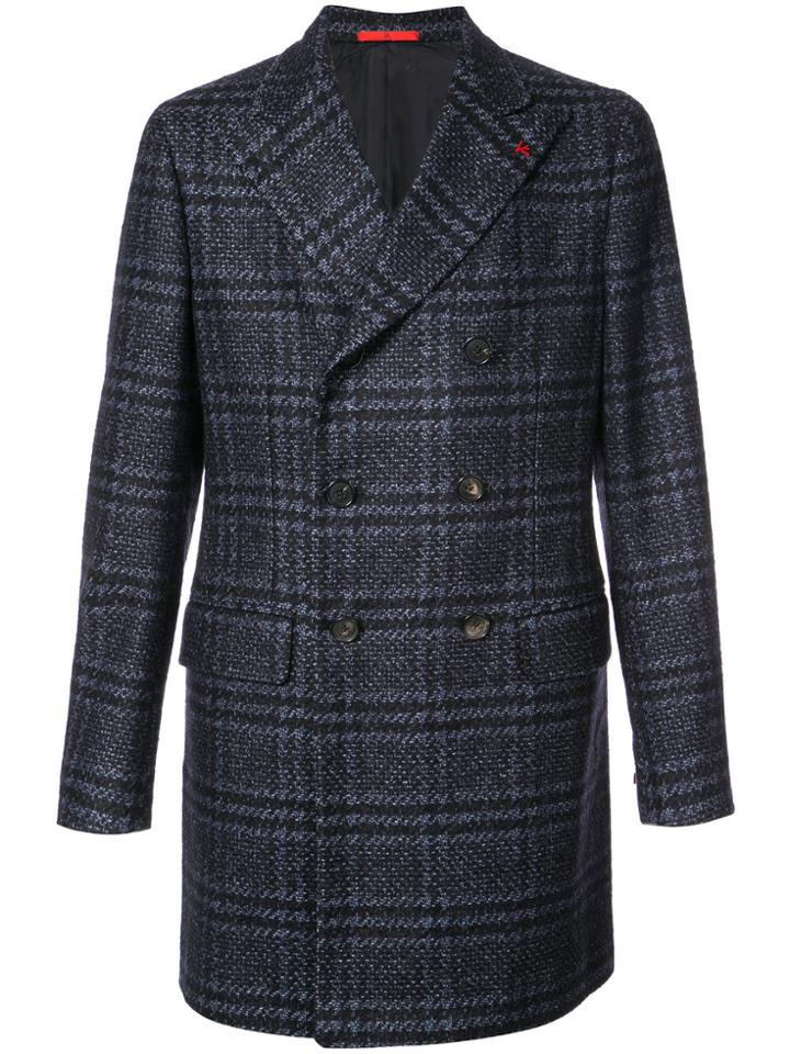 Isaia Checked Coat - Blue
