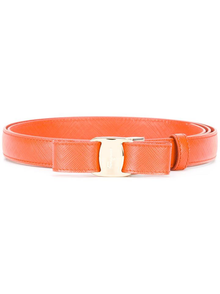 Salvatore Ferragamo Bow Front Belt, Women's, Size: 100, Yellow/orange, Leather/metal (other)