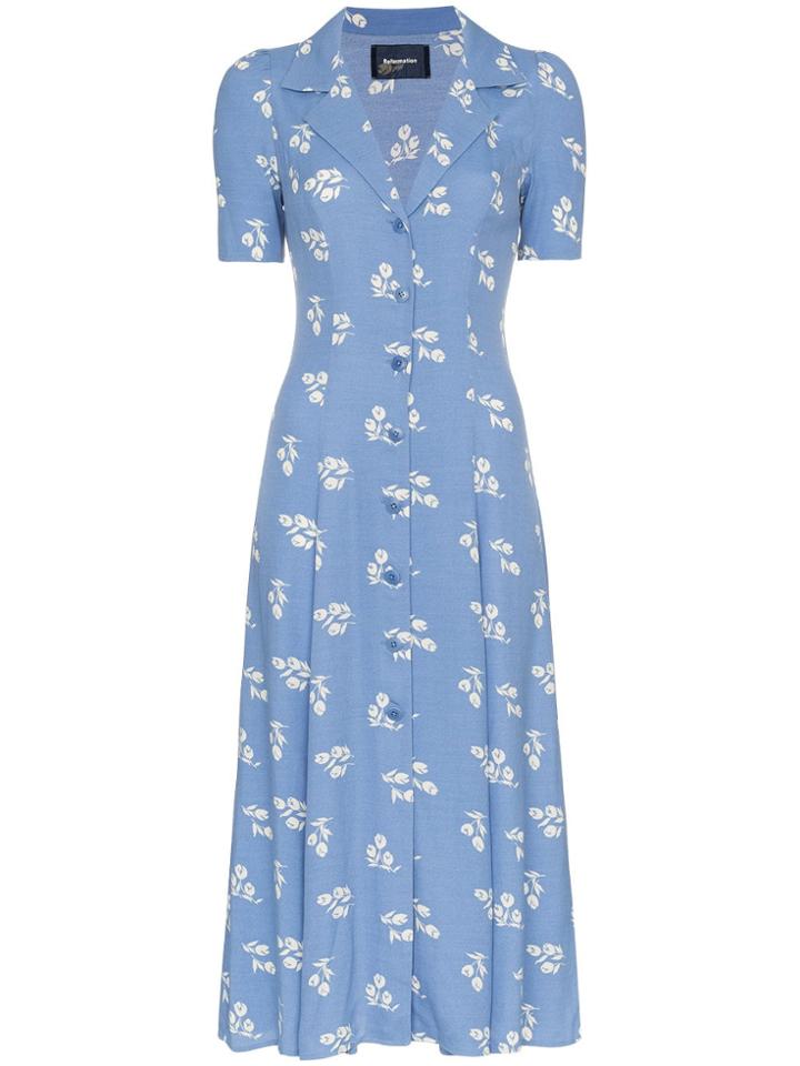 Reformation Clarice Floral Print Buttoned Dress - Blue