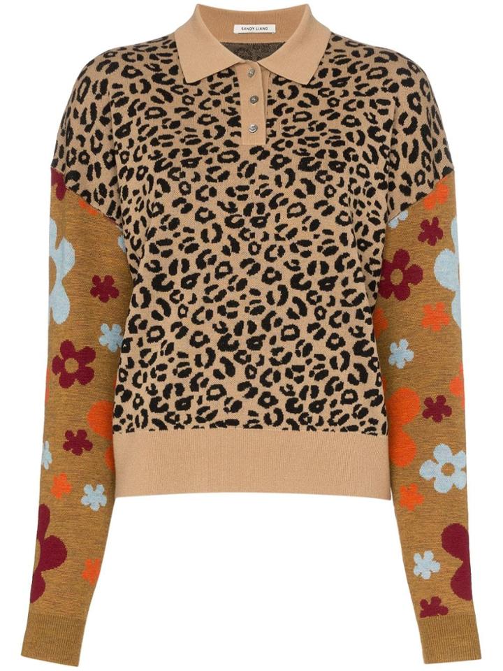 Sandy Liang Pawpaw Contrast Sleeve Collared Jumper - Brown