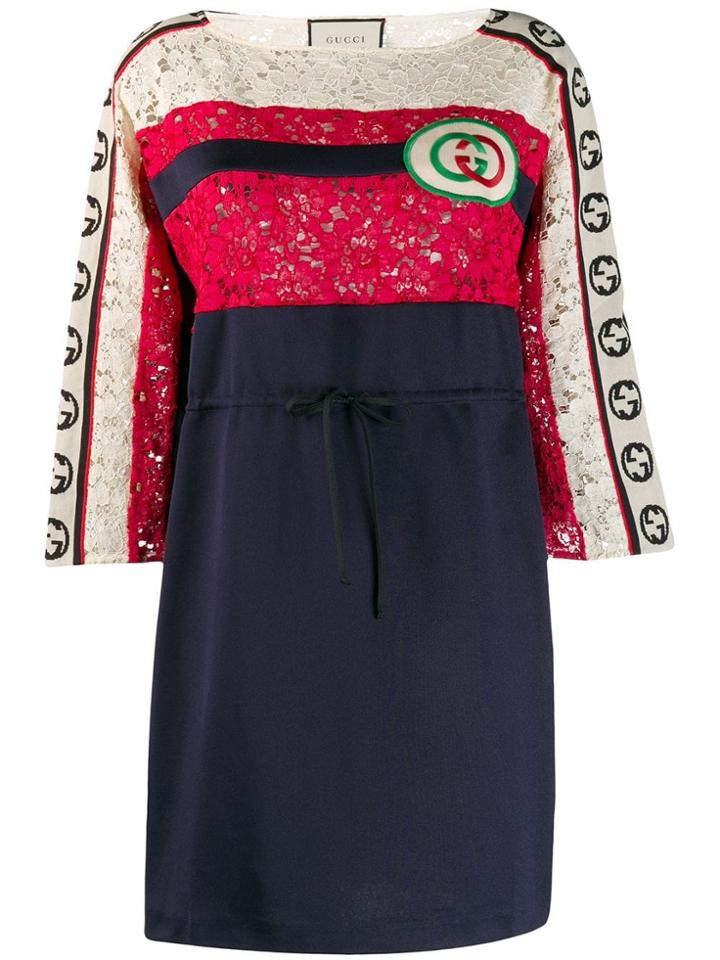 Gucci Shortgg Embroidered Patch Striped Dress - Blue