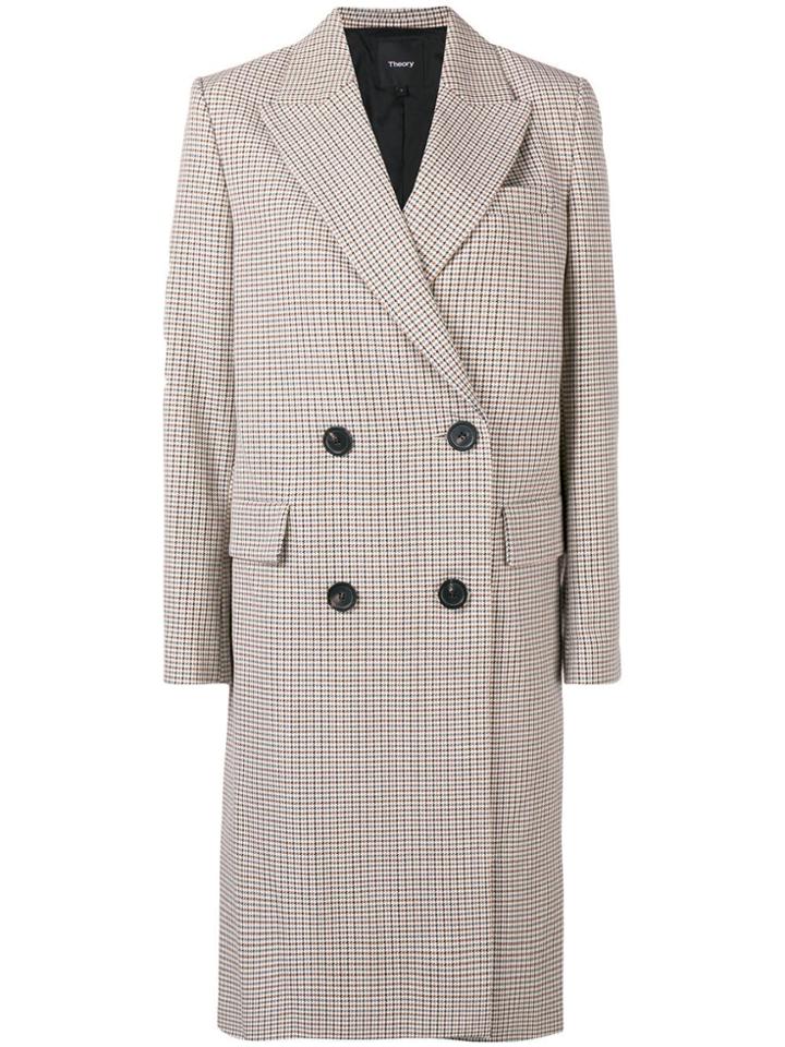 Theory Checked Double-breasted Coat - Nude & Neutrals