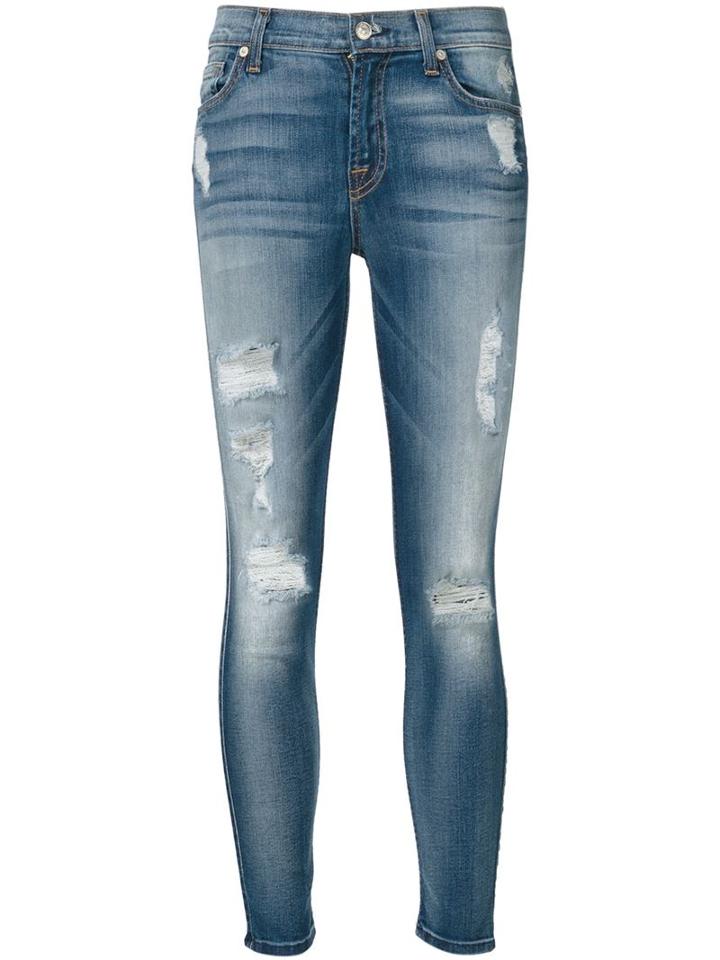 7 For All Mankind Distressed Cropped Jeans, Women's, Size: 26, Blue, Cotton