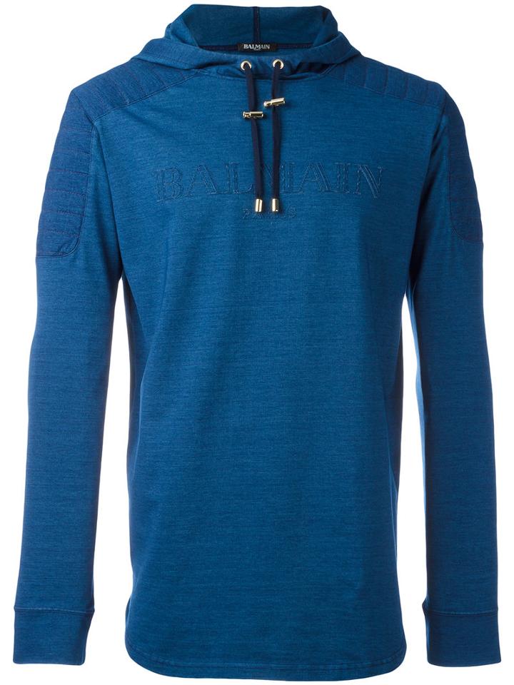 Balmain Quilted Logo Hoodie, Men's, Size: Xxxl, Blue, Cotton/spandex/elastane