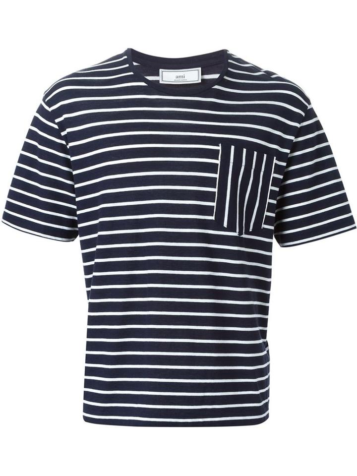 Ami Alexandre Mattiussi Striped T-shirt, Men's, Size: L, Blue, Cotton