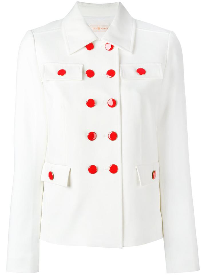 Tory Burch Double Breasted Blazer, Women's, Size: 4, White, Cotton/polyester/spandex/elastane/viscose