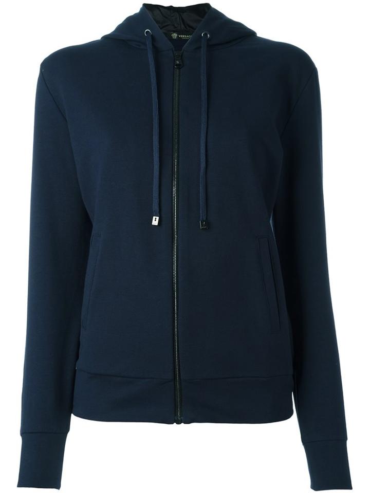 Versace Embroidered Medusa Zip Hoodie, Women's, Size: 40, Blue, Silk/cotton/spandex/elastane