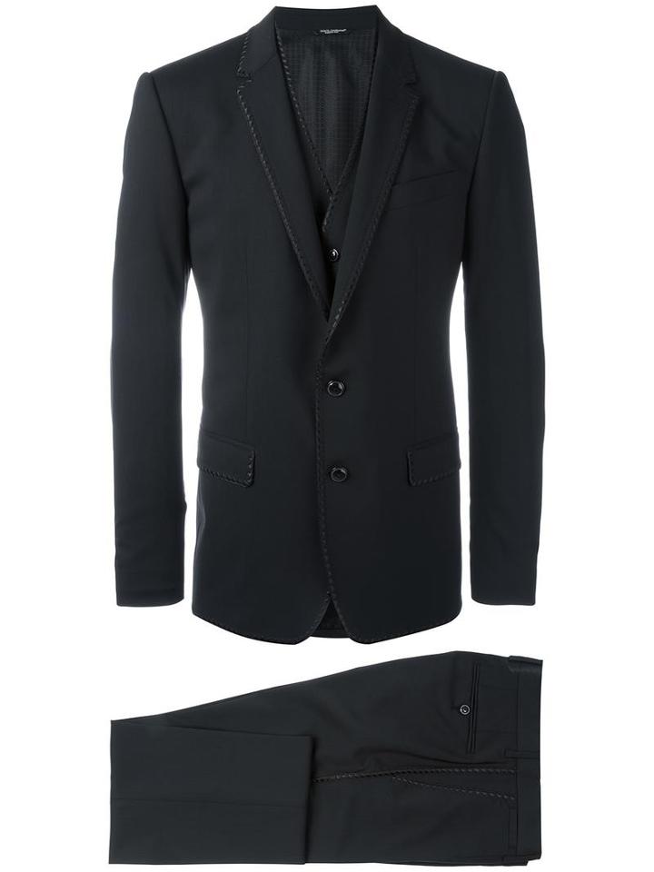 Dolce & Gabbana Embroidered Trim Three-piece Suit, Men's, Size: 52, Blue, Virgin Wool/spandex/elastane/viscose/cupro