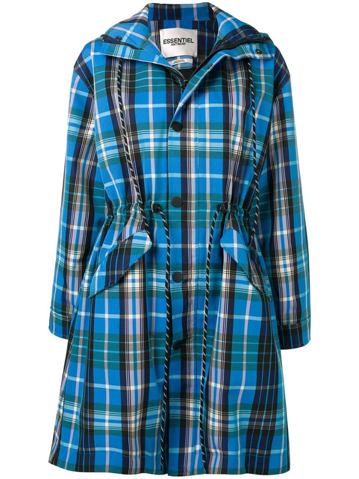 Essentiel Antwerp Check Hooded Coat - Blue