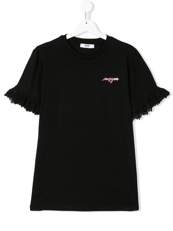 Msgm Kids Teen Lace Trim Sleeve T-shirt - Black
