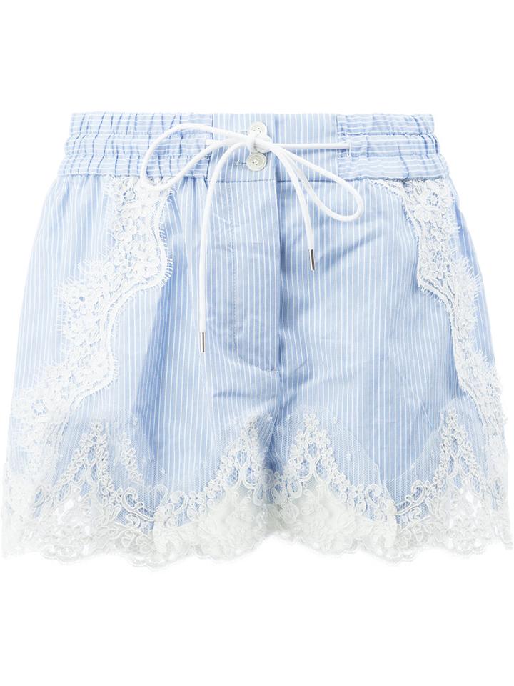 Sacai - Lace Trim Striped Shorts - Women - Cotton/nylon/rayon - 1, Women's, Blue, Cotton/nylon/rayon