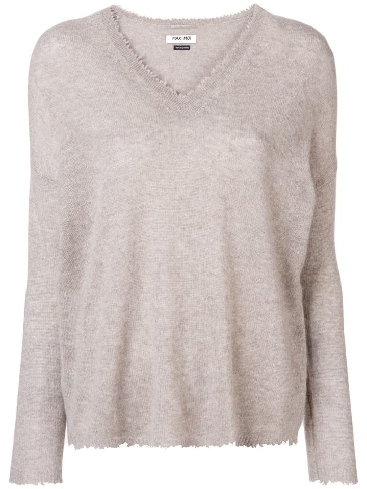 Max & Moi Cashmere Frayed V-neck Sweater - Neutrals