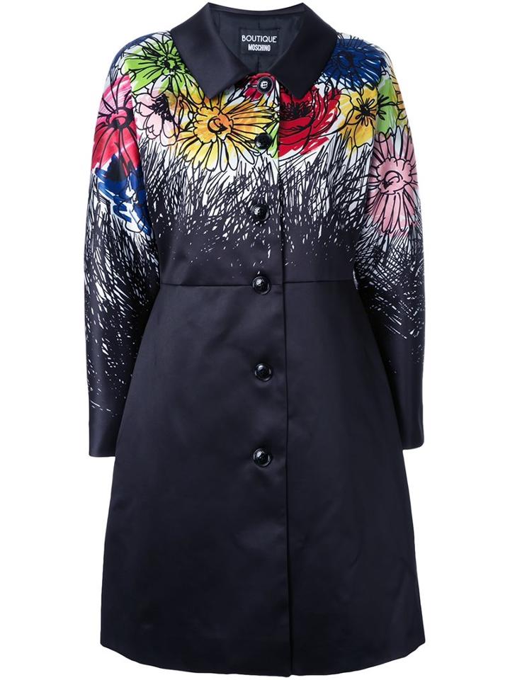 Boutique Moschino Illustrated Floral Coat, Women's, Size: 48, Black, Polyester