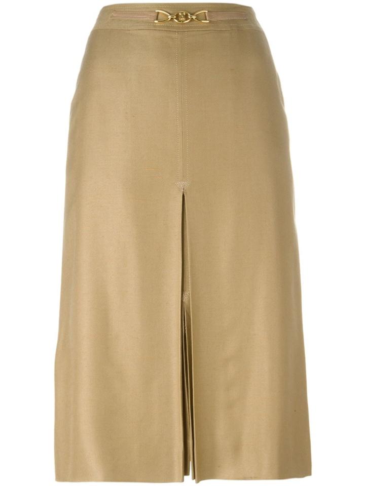 Céline Vintage Front Slit Belted Skirt - Nude & Neutrals