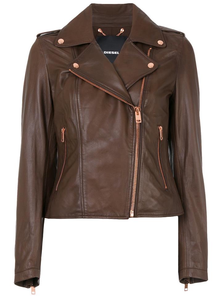 Diesel - Cropped Biker Jacket - Women - Lamb Skin/cotton - L, Brown, Lamb Skin/cotton