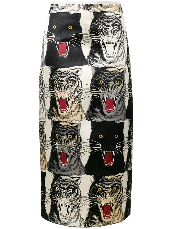 Gucci - Cat Print Mid-length Skirt - Women - Silk/cotton/acetate/viscose - 42, Nude/neutrals, Silk/cotton/acetate/viscose