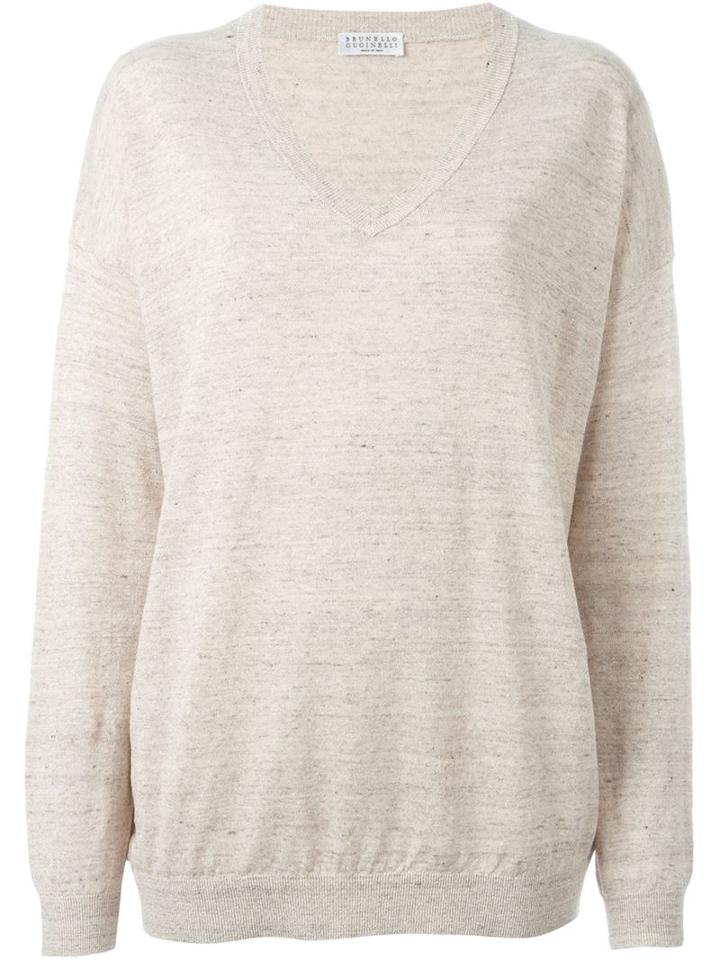Brunello Cucinelli V-neck Knitted Blouse, Women's, Size: L, Nude/neutrals, Linen/flax/polyamide/polyester