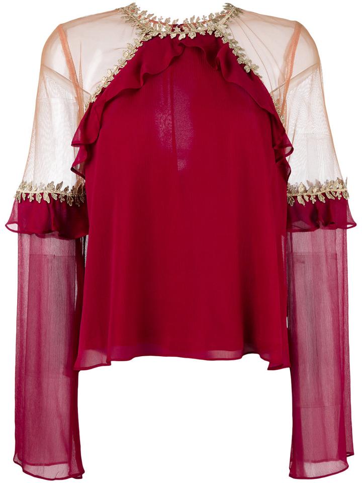 For Love And Lemons Sheer Panel Blouse, Women's, Size: Small, Red, Silk/viscose/nylon/spandex/elastane