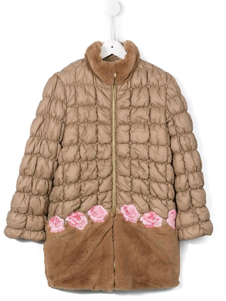 Miss Blumarine Faux Fur Panel Padded Coat, Girl's, Size: 12 Yrs, Nude/neutrals