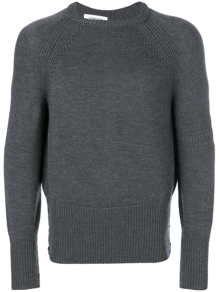 Thom Browne Tonal 4-bar Stripe Button-back Fine Merino Crewneck
