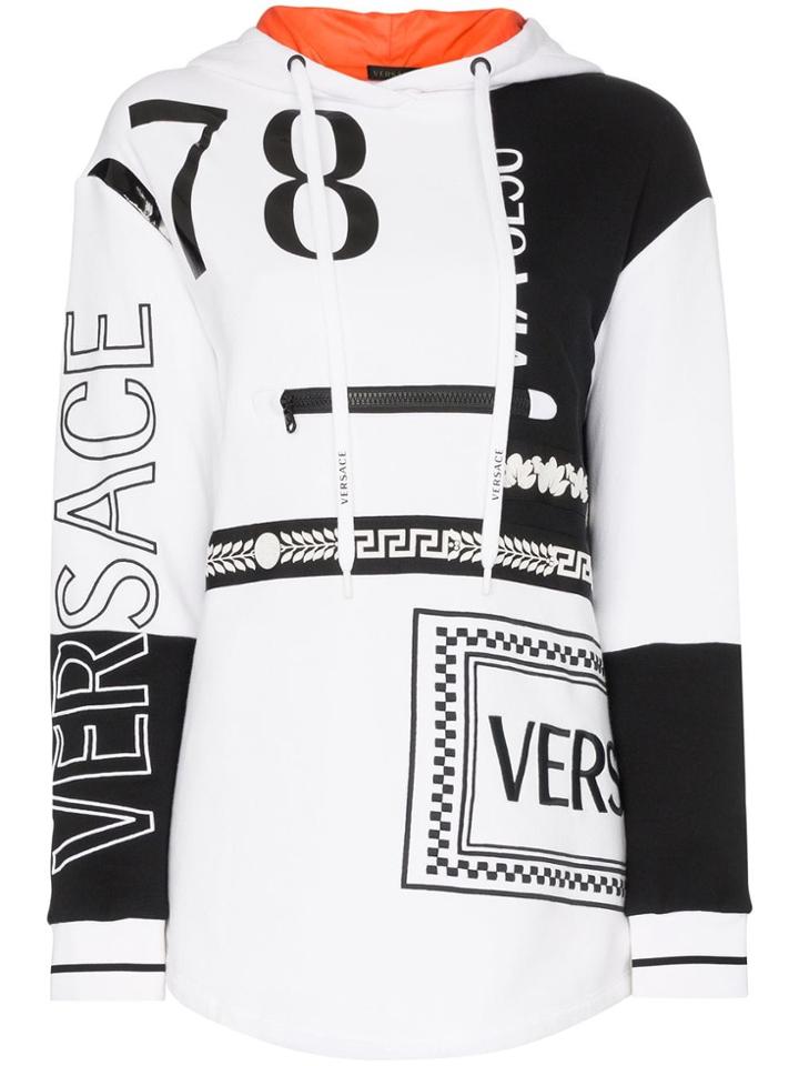 Versace Front Zip Detail Logo Drawstring Hoodie - White