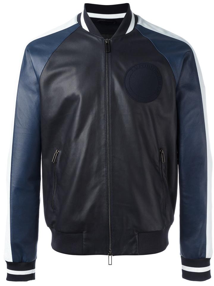 Emporio Armani Logo Patch Bomber Jacket, Size: Xl, Blue, Calf Leather/polyester/spandex/elastane/spandex/elastane