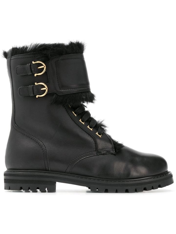 Salvatore Ferragamo Fur Trim Military Boots - Black