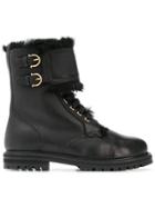 Salvatore Ferragamo Fur Trim Military Boots - Black